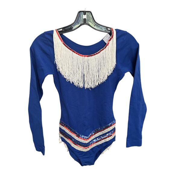 Vintage Danskin Blue Sequin & Fringe Girls’ Bodysuit Size 12-14 Long Sleeve